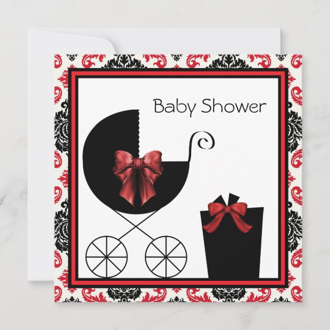 Red Black Damask Baby Shower Einladungen (Vorderseite)