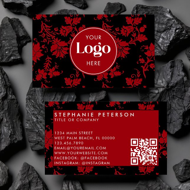 Red & Black Damask Custom Logo QR Code Template Visitenkarte (Von Creator hochgeladen)