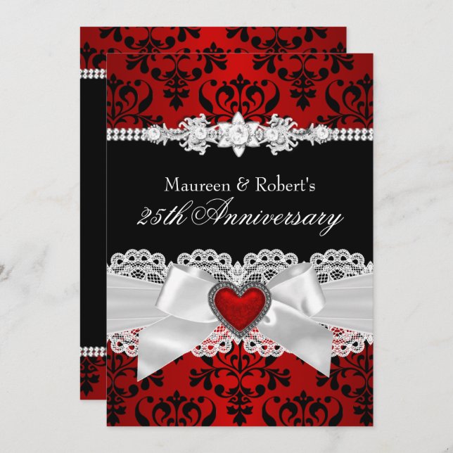 Red Black Damask Heart Bow 25. Geburtstag Einladung (Vorne/Hinten)
