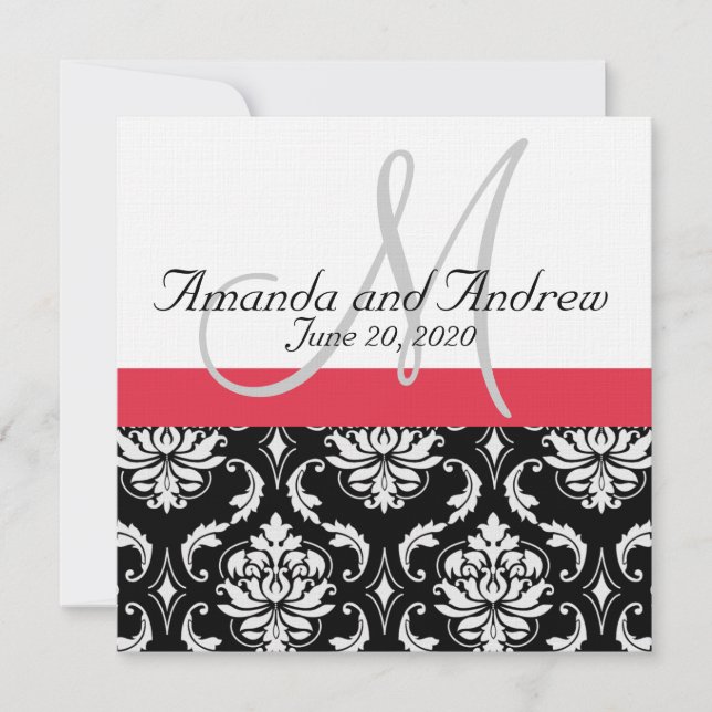 Red Black Damask Names Wedding Einladung (Vorderseite)
