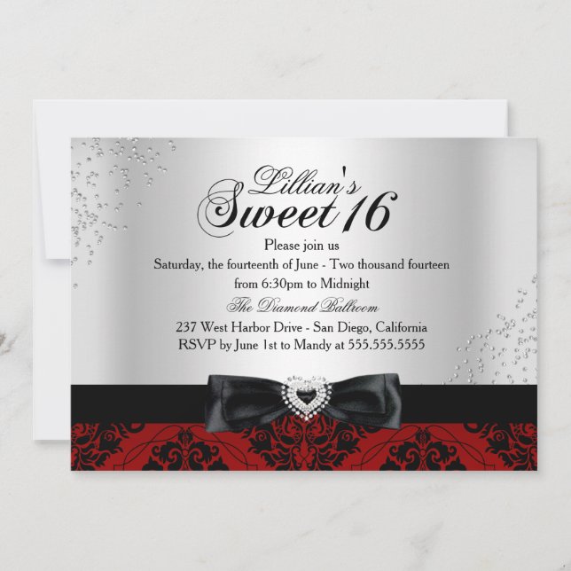 Red Black Damask Sparkle Sweet 16 Einladung (Vorderseite)