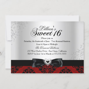 Red Black Damask Sparkle Sweet 16 Einladung