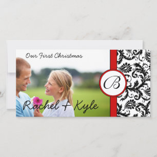 Red & Black Damask Unser erstes Weihnachtsfest für Feiertagskarte