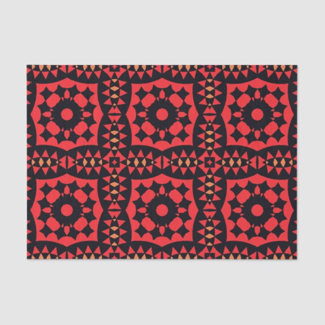 Red & Black Decorative Tribal Geometric Muster Seidenpapier (Vorderseite)