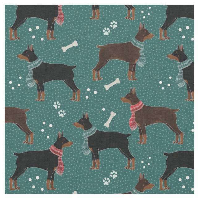 Red & Black Dobermans in Scarves Wintermuster Stoff (Nahaufnahme)
