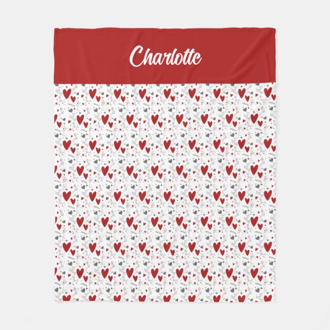 Red Black Doodle Hearts Retro Monogram Name Fleecedecke (Vorderseite)