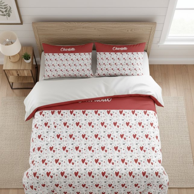 Red Black Doodle Hearts Retro Monogram Name Kissenbezug (cute red and black retro hearts theme custom pillowcase with name monogram)