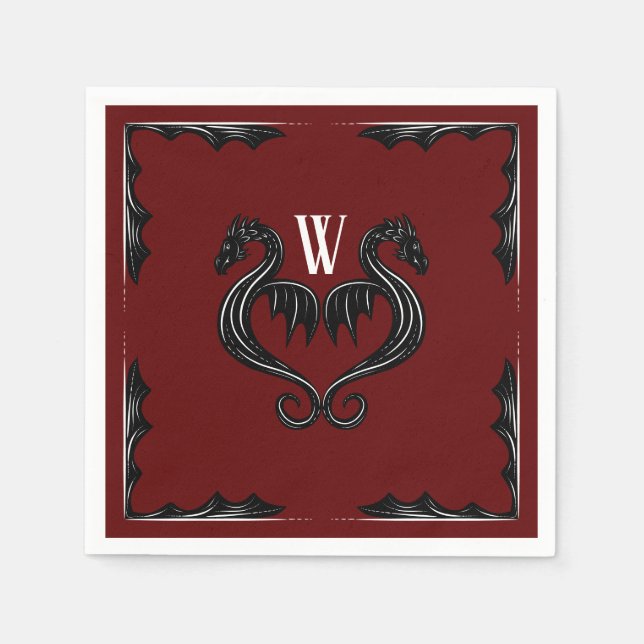 Red Black Dragon Monogram Fantasy Wedding Serviette (Vorderseite)
