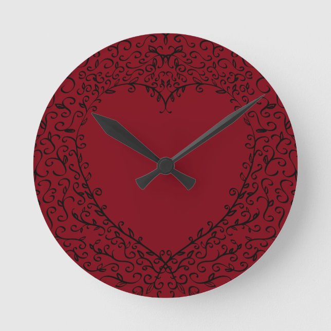 Red Black Elegante Heart Gothic Wedding Clock Runde Wanduhr (Vorderseite)