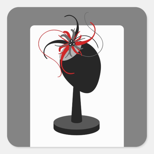 Red & Black Fascinator auf Hutständer Quadratischer Aufkleber (Vorderseite)