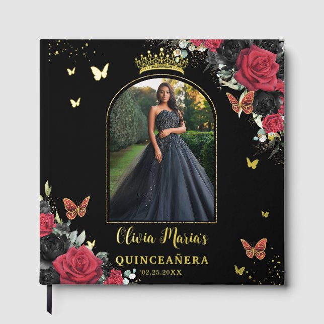 Red Black Floral Butterfells Quinceañera Picture Gästebuch (Vorderseite)