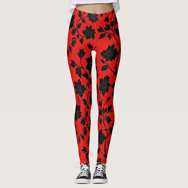 Red Black Floral Pattern Leggings (Vorderseite)