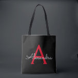 Red Black Girl Script Monogram Name Modern<br><div class="desc">Schwarz und Rot Elegant Fügen Sie Ihren eigenen Namen Monogram Book Bag. Diese Büchertasche kann auf Ihren Vor- und Vornamen angepasst werden und als Geschenk für Weihnachten,  Geburtstag,  Brautparty oder Hochzeit.</div>