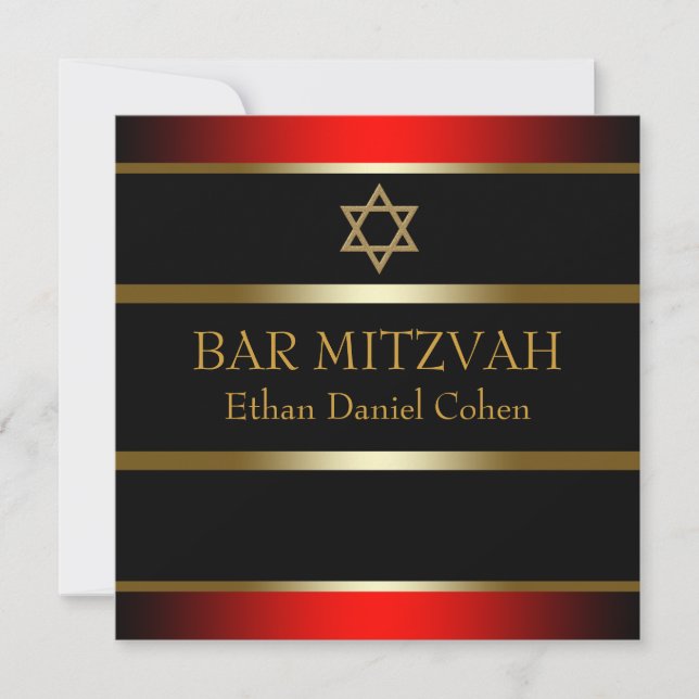 Red Black Gold Bar Mitzvah Einladung (Vorderseite)