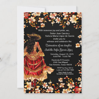 Red Black Gold Charra Quinceñera Einladung