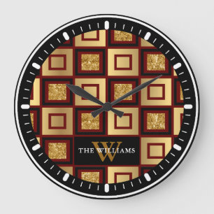 Red Black Gold Checkerboard Monogramm Große Wanduhr