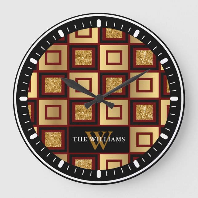 Red Black Gold Checkerboard Monogramm Große Wanduhr (Vorderseite)