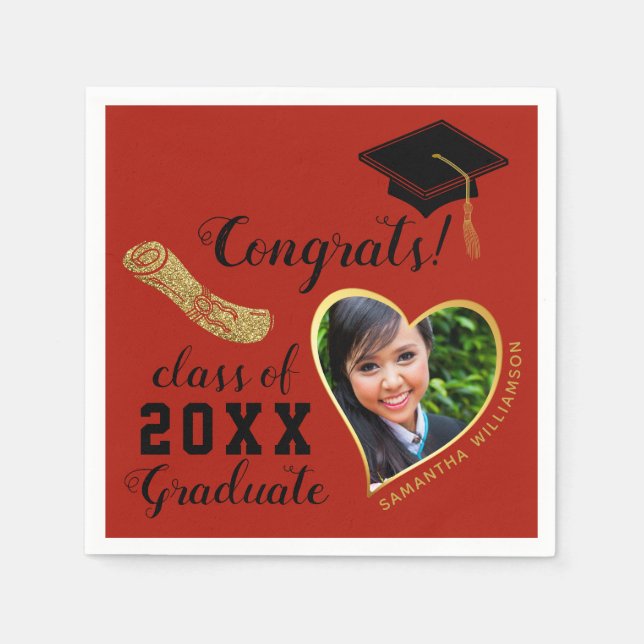 Red Black Gold Class 2025 Foto Abschluss Serviette (Vorderseite)