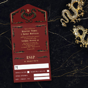 Red Black Gold Dragon Monogram Fantasy Wedding All-in-One-Einladung