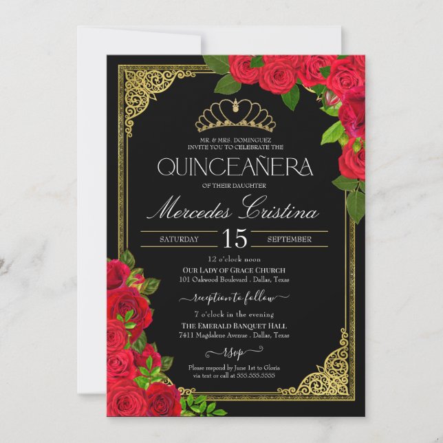 Red Black & Gold Elegante Rose Quinceanera Einladung (Vorderseite)