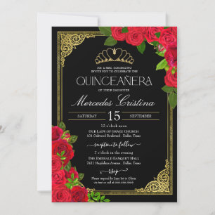 Red Black & Gold Elegante Rose Quinceanera Einladung