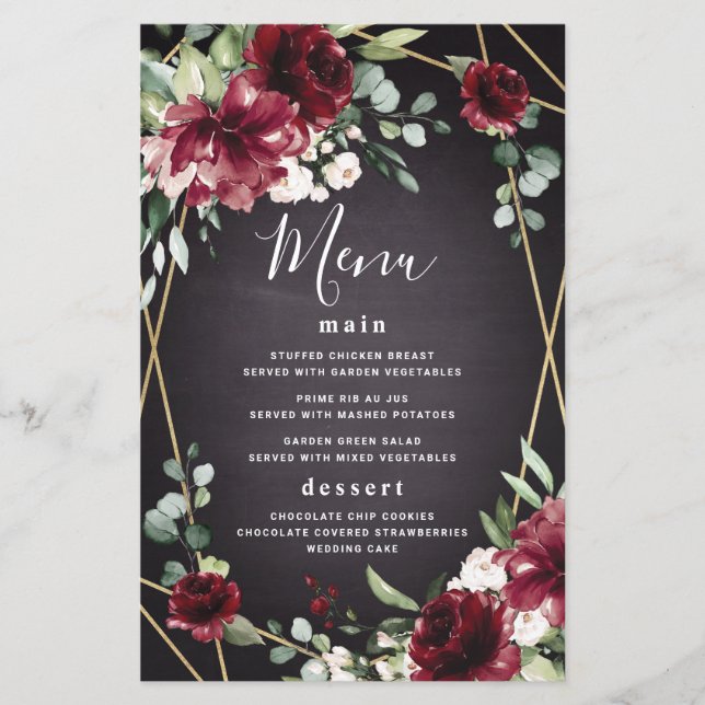 Red Black Gold Floral Elegante Wedding Menu Cards (Vorderseite)