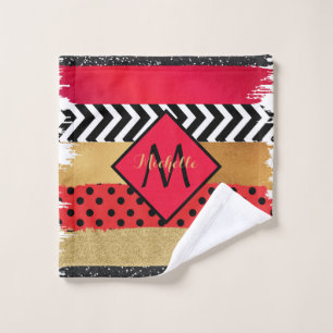 Red Black Gold Glitzer Pinselstriche Mit Monogramm Badhandtuch Set
