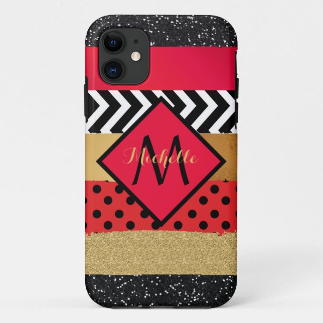Red Black Gold Glitzer Pinselstriche Mit Monogramm Case-Mate iPhone Hülle (Rückseite)