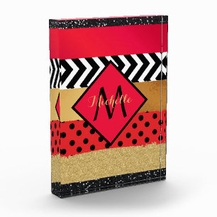Red Black Gold Glitzer Pinselstriche Mit Monogramm Fotoblock