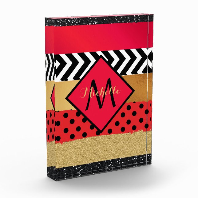 Red Black Gold Glitzer Pinselstriche Mit Monogramm Fotoblock (Links)