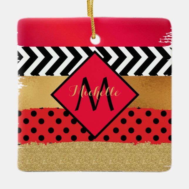 Red Black Gold Glitzer Pinselstriche Mit Monogramm Keramikornament (Vorderseite)