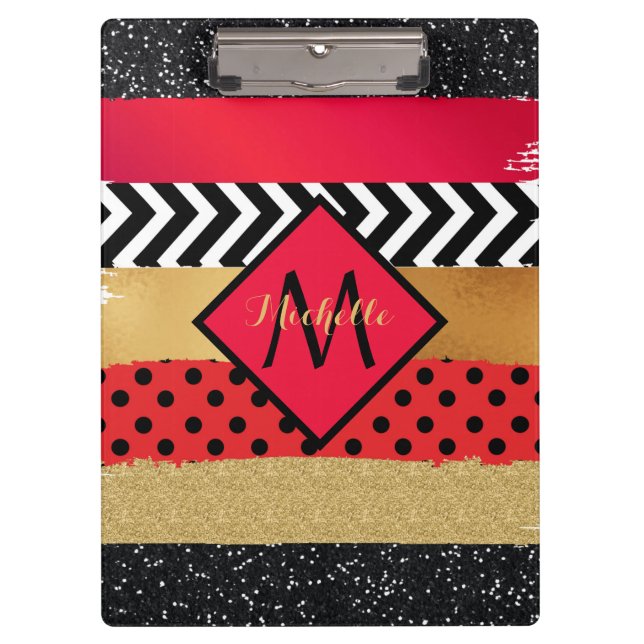 Red Black Gold Glitzer Pinselstriche Mit Monogramm Klemmbrett (Vorderseite)
