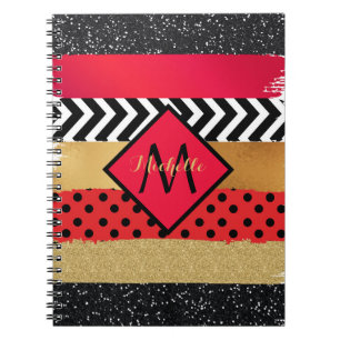Red Black Gold Glitzer Pinselstriche Mit Monogramm Notizblock