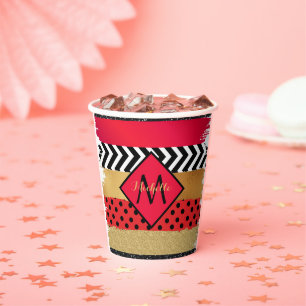 Red Black Gold Glitzer Pinselstriche Mit Monogramm Pappbecher