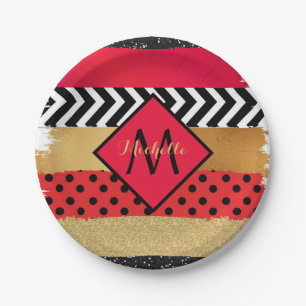 Red Black Gold Glitzer Pinselstriche Mit Monogramm Pappteller