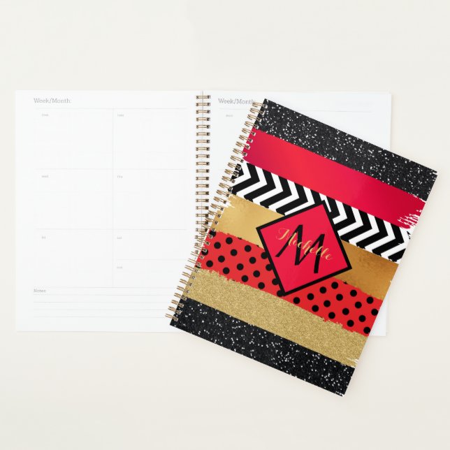 Red Black Gold Glitzer Pinselstriche Mit Monogramm Planer (Anzeige)