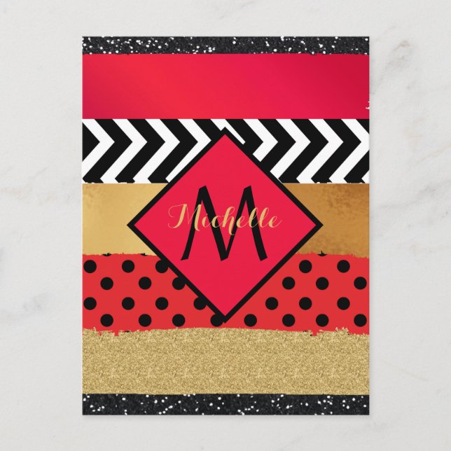 Red Black Gold Glitzer Pinselstriche Mit Monogramm Postkarte (Vorderseite)