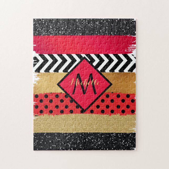 Red Black Gold Glitzer Pinselstriche Mit Monogramm Puzzle (Vertikal)