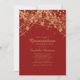 Red Black Gold Glitzer String Lights Quinceañera Einladung