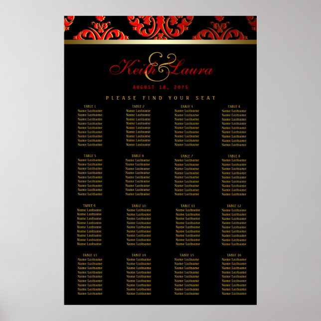 Red Black Gold Hochzeitstabelle Poster (Vorne)