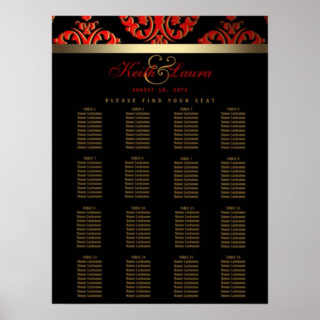 Red Black Gold Hochzeitstabelle Poster (Vorne)
