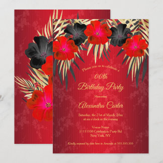 Red Black Gold Palms Hibisken Damask Geburtstag Einladung