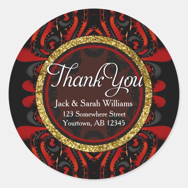 Red Black + Gold Thank You round Stickers (Vorderseite)