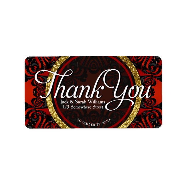 Red Black Gold ThankYou + Address Custom Text Adressaufkleber (Vorne)