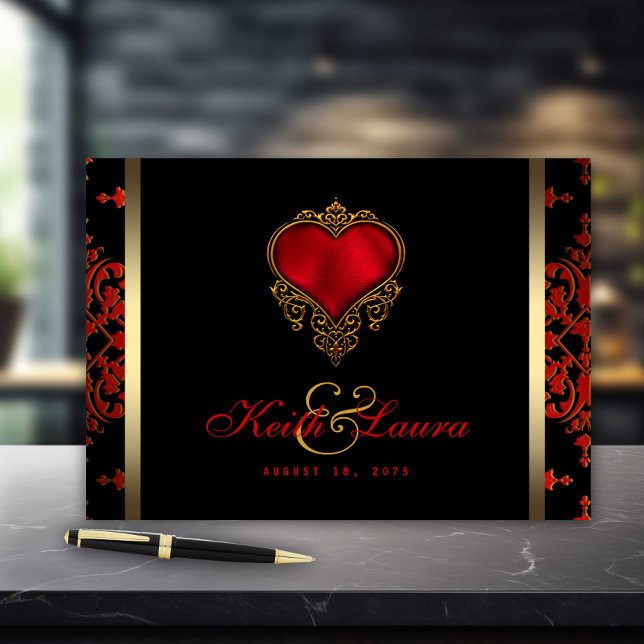 Red Black Gold Wedding Guest Book Gästebuch (Elegant red black and gold wedding and event guestbook. )