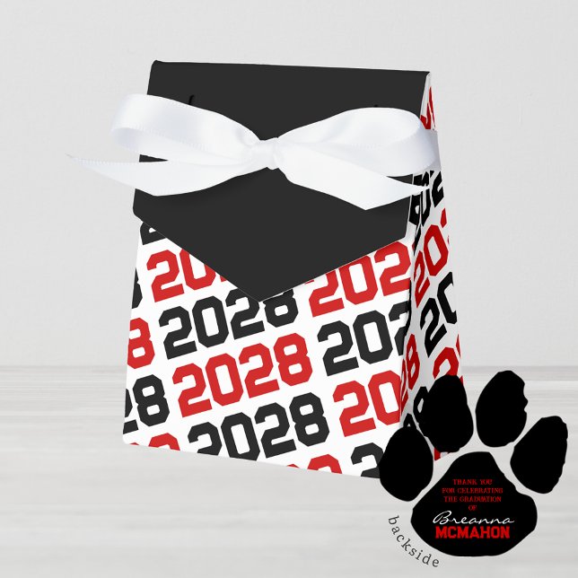 Red & Black Grad Danke, dass Sie wieder ein Gesche Geschenkschachtel (Red & Black Pawprint Class Year Graduation Favor Boxes. With Personalization on Back)