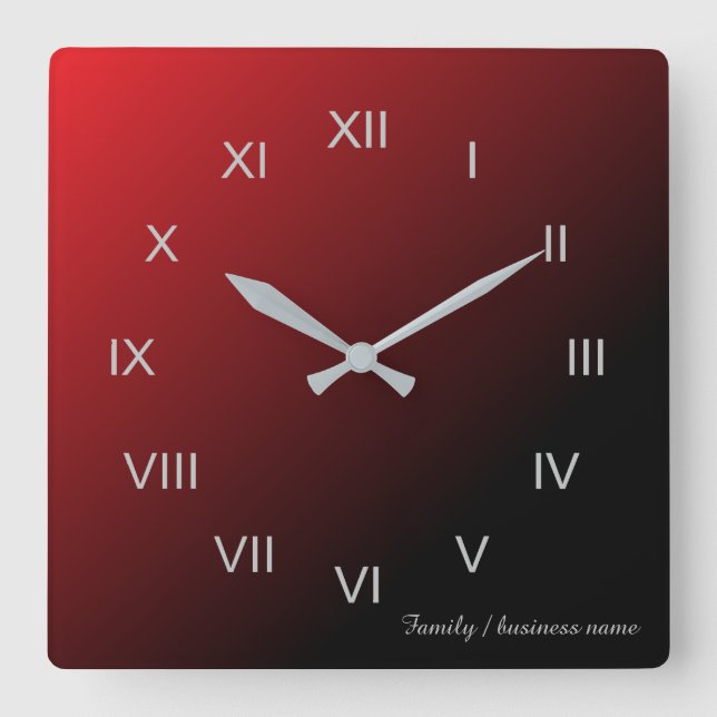 Red Black Gradient Familienname Quadratische Wanduhr (Vorderseite)