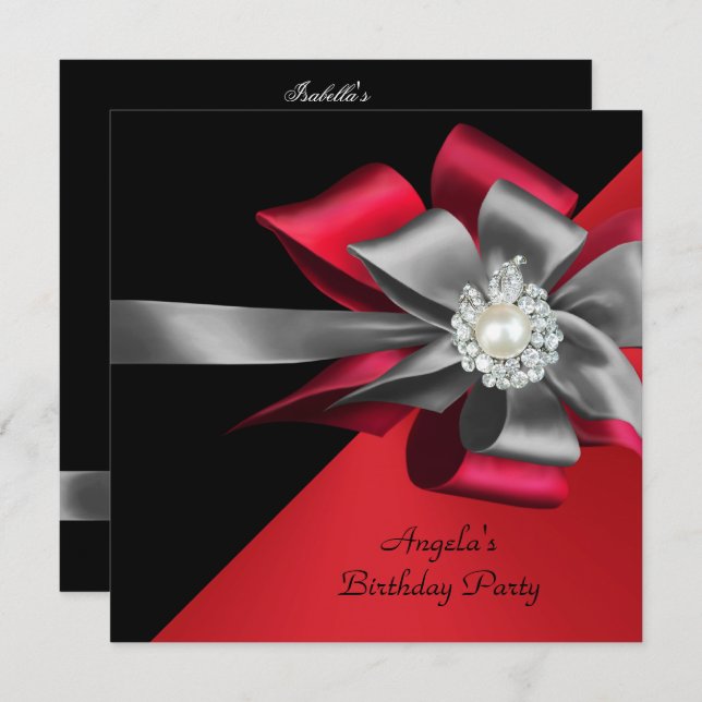 Red Black Gray Silver Bow Pearl Birthday Party Einladung (Vorne/Hinten)