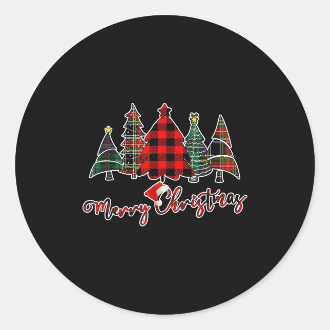Red Black Green Buffalo Plaid Merry Christmas Tree Runder Aufkleber (Vorderseite)