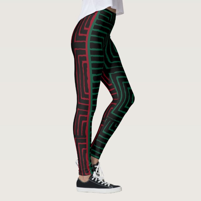 Red Black Green Maze African Mud Cloud Leggings (Rechts)
